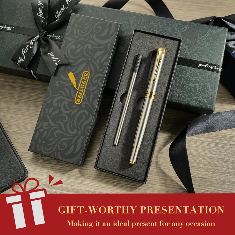 BEILUNER Ballpoint Pens, Stunning Silver Chrome Metal Pen with Golden Trim, Best Ball Pen Gift Set for Men & Women, Professional, Executive, Office, Nice Pens-Gift Box with 0.5mm Extra Black Refill - Image 5